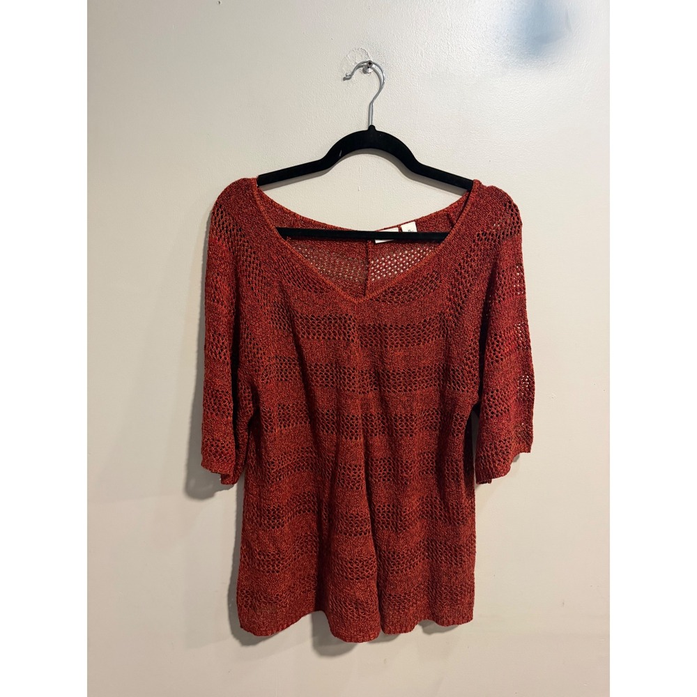 Cato Womens XL Burnt Orange Open Knit V-Neck Sweater Elbow Sleeve Pointelle Top